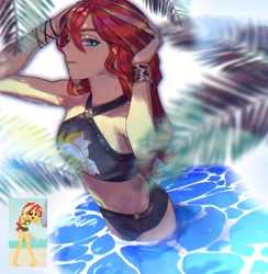 Size: 1752x1795 | Tagged: safe, artist:ceitama, imported from derpibooru, sunset shimmer, human, equestria girls, bare shoulders, belly button, clothes, female, human coloration, screencap reference, sleeveless, solo, sunset shimmer's beach shorts swimsuit, swimsuit, wading, water, water droplet, wet, wet hair