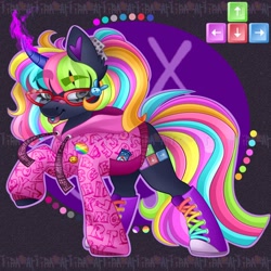 Size: 2000x2000 | Tagged: safe, artist:irinamar, imported from derpibooru, oc, oc only, pony, unicorn, :p, bandaid, bandaid on nose, clothes, eyebrows, eyebrows visible through hair, glasses, heart ears, hoodie, hoof boots, multicolored mane, multicolored tail, piercing, raised hoof, solo, tail, tongue out, tongue piercing