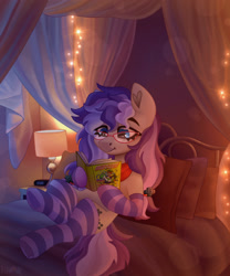 Size: 2500x3000 | Tagged: safe, artist:irinamar, imported from derpibooru, oc, oc only, oc:cinnabyte, earth pony, pony, bed, bedroom, book, clothes, glasses, lamp, pillow, reading, socks, solo, string lights, striped socks