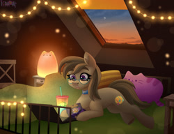 Size: 3000x2300 | Tagged: safe, artist:irinamar, imported from derpibooru, oc, oc only, oc:dawnsong, earth pony, cat lamp, chips, computer, drink, food, glasses, laptop computer, solo, string lights