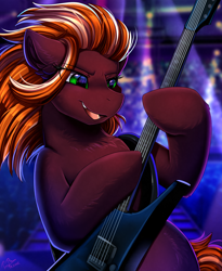 Size: 1446x1764 | Tagged: safe, artist:pridark, imported from derpibooru, oc, oc only, earth pony, pony, bust, commission, electric guitar, guitar, musical instrument, portrait, rocker, signature, solo