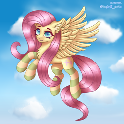 Size: 2700x2700 | Tagged: safe, artist:ingolf arts, imported from derpibooru, fluttershy, pegasus, pony, chest fluff, clothes, cloud, ear fluff, eye reflection, female, flying, high res, looking at you, mare, reflection, sky, socks, solo, spread wings, striped socks, wings