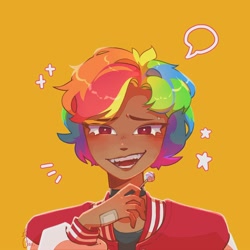 Size: 2000x2000 | Tagged: safe, artist:melancholic_may, imported from derpibooru, rainbow dash, human, bandage, choker, clothes, eyebrow piercing, eyebrows, eyebrows visible through hair, humanized, jacket, piercing, simple background, solo