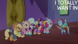 Size: 1920x1080 | Tagged: safe, edit, edited screencap, editor:quoterific, imported from derpibooru, screencap, applejack, fluttershy, pinkie pie, rainbow dash, rarity, twilight sparkle, alicorn, earth pony, pegasus, pony, unicorn, dungeons and discords, season 6, ^^, applejack's hat, clothes, cowboy hat, cute, dashabetes, eyes closed, female, hat, mane six, mare, open mouth, open smile, raised hoof, rpg, smiling, text, twilight sparkle (alicorn), twilight's castle, winter outfit