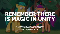 Size: 1280x720 | Tagged: safe, edit, edited screencap, editor:quoterific, imported from derpibooru, screencap, hitch trailblazer, sunny starscout, earth pony, pony, spoiler:g5, spoiler:my little pony: tell your tale, spoiler:tyts01e19, duo, duo male and female, female, g5, grin, lost in translation (episode), male, mare, my little pony: tell your tale, smiling, stallion, text
