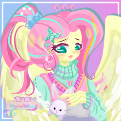 Size: 800x800 | Tagged: safe, artist:windywendy29, imported from derpibooru, angel bunny, fluttershy, human, rabbit, alternate hairstyle, angel is a bunny bastard, animal, blushing, clothes, cute, female, humanized, nail polish, petting, pony coloring, shyabetes, solo, sweater, sweatershy, winged humanization, wings