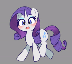 Size: 2253x2011 | Tagged: safe, artist:leo19969525, imported from derpibooru, rarity, pony, unicorn, blue eyes, blushing, cute, female, gray background, horn, mane, mare, open mouth, purple mane, raribetes, simple background, solo, surprised, tail, walking