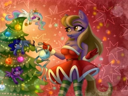 Size: 4000x3000 | Tagged: safe, artist:irinamar, imported from derpibooru, princess celestia, princess luna, twilight sparkle, oc, oc only, alicorn, anthro, pony, applejack's cutie mark, christmas, christmas lights, clothes, fluttershy's cutie mark, holiday, pinkie pie's cutie mark, rainbow dash's cutie mark, rarity's cutie mark, socks, solo, stockings, striped socks, thigh highs, twilight sparkle (alicorn)