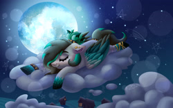 Size: 4000x2500 | Tagged: safe, artist:irinamar, imported from derpibooru, oc, oc only, pegasus, pony, cloud, lying down, lying on a cloud, moon, on a cloud, sleeping, smiling, solo