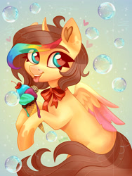 Size: 3000x4000 | Tagged: safe, artist:irinamar, imported from derpibooru, oc, oc only, alicorn, pony, alicorn oc, brown mane, brown tail, bubble, coat markings, color ears, colored pupils, colored wings, eye clipping through hair, eyebrows, eyebrows visible through hair, female, heart, heart ears, heart eyes, horn, ice cream cone, leg hold, looking at you, mare, multicolored hair, rainbow hair, ribbon, solo, tail, tongue out, two toned wings, wingding eyes, wings