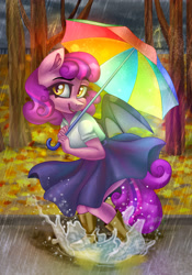 Size: 2800x4000 | Tagged: safe, artist:irinamar, imported from derpibooru, oc, oc only, oc:dusk orchard, anthro, bat pony, bat pony oc, boots, clothes, cute, dress, female, lightning, mare, open mouth, open smile, puddle, rain, shoes, smiling, solo, umbrella