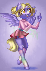 Size: 780x1200 | Tagged: safe, artist:irinamar, imported from derpibooru, oc, oc only, anthro, pegasus, clothes, dress, leg warmers, middle finger, solo, spread wings, vulgar, wings