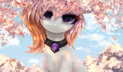Size: 2000x1185 | Tagged: safe, alternate version, artist:avrameow, imported from derpibooru, oc, oc only, oc:burning plage, earth pony, pony, alternate character, cherry blossoms, cherry tree, chest fluff, choker, cloud, ear piercing, earring, eyeshadow, female, gem, jewelry, looking at you, makeup, mare, neck fluff, piercing, sky, solo, tree