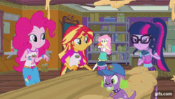 Size: 640x360 | Tagged: safe, imported from derpibooru, screencap, fluttershy, pinkie pie, rarity, sci-twi, spike, spike the regular dog, sunset shimmer, twilight sparkle, bird, dog, human, owl, equestria girls, legend of everfree, animated, bare shoulders, camp everfree outfits, clothes, eyes closed, female, fluttertree, gif, gifs.com, glasses, hairpin, male, ponytail, sleeveless, tanktop