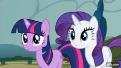Size: 640x360 | Tagged: safe, imported from derpibooru, screencap, rarity, twilight sparkle, earth pony, pony, unicorn, season 2, the return of harmony, animated, bipedal, duo, duo female, earth pony rarity, earth pony twilight, eyes closed, female, gif, gifs.com, implied discord, mare, open mouth, race swap, screaming, unicorn to earth pony, unicorn twilight