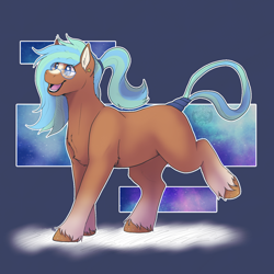 Size: 1500x1500 | Tagged: safe, artist:sursiq, imported from derpibooru, oc, oc only, oc:pena, earth pony, pony, abstract background, accessory, artfight, chest fluff, ear fluff, ear piercing, earring, full body, galaxy, glasses, happy, hooves, jewelry, nonbinary, open mouth, piercing, ponytail, raised hoof, shading, solo, stars, unshorn fetlocks