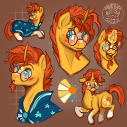 Size: 1500x1500 | Tagged: source needed, safe, artist:sursiq, imported from derpibooru, sunburst, pony, unicorn, accessory, beard, bust, chibi, cloak, clothes, cute, facial hair, full body, g4, glasses, happy, hooves, magic, male, messy mane, open mouth, portrait, shading, shy, sketch, solo, stallion, surprised, unshorn fetlocks