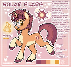 Size: 863x807 | Tagged: safe, artist:blakerosey, artist:sursiq, imported from derpibooru, oc, oc:solar flare, pony, unicorn, accessory, base used, chest fluff, coat markings, cute, ear fluff, facial hair, glasses, golden eyes, happy, horn, kinsona, magic, male, messy mane, multicolored hair, multicolored mane, multicolored tail, open mouth, orange eyes, pony oc, raised hoof, reference sheet, socks (coat markings), stallion, tail, text, unicorn oc, unshorn fetlocks, yellow eyes