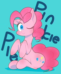 Size: 1913x2313 | Tagged: safe, artist:noupu, imported from derpibooru, pinkie pie, earth pony, pony, blue background, female, floppy ears, looking at you, mare, one ear down, one eye closed, simple background, sitting, smiling, smiling at you, solo, wink, winking at you