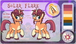 Size: 2608x1520 | Tagged: safe, artist:blakerosey, artist:sursiq, imported from derpibooru, oc, oc:solar flare, pony, unicorn, accessory, base used, chest fluff, coat markings, cute, ear fluff, facial hair, g4, glasses, golden eyes, happy, horn, kinsona, magic, male, messy mane, multicolored hair, multicolored mane, multicolored tail, open mouth, orange eyes, pony oc, raised hoof, reference sheet, socks (coat markings), stallion, tail, text, unicorn oc, unshorn fetlocks, yellow eyes