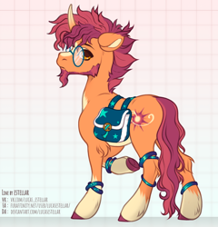 Size: 1094x1139 | Tagged: safe, artist:lucasestellar, artist:sursiq, imported from derpibooru, oc, oc:solar flare, pony, unicorn, accessory, bag, base used, bracelet, chest fluff, coat markings, cute, ear fluff, facial hair, glasses, golden eyes, horn, jewelry, kinsona, looking at you, looking back, looking back at you, magic, male, messy mane, multicolored hair, multicolored mane, multicolored tail, orange eyes, pony oc, raised hoof, saddle bag, socks (coat markings), stallion, tail, unicorn oc, unshorn fetlocks, yellow eyes