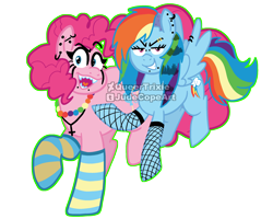 Size: 2500x2000 | Tagged: safe, artist:queertrixie, imported from derpibooru, pinkie pie, rainbow dash, earth pony, pegasus, pony, alternate hairstyle, clothes, duo, duo female, female, fishnets, grin, jewelry, lesbian, makeup, obtrusive watermark, piercing, pinkiedash, punk, scenecore, sharp teeth, shipping, simple background, smiling, socks, stockings, striped socks, teeth, thigh highs, transparent background, watermark