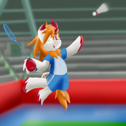 Size: 1024x1024 | Tagged: safe, artist:dianetgx, imported from derpibooru, oc, oc:karenina senna, kirin, arena, badminton, jumping, kirin oc, smiling, sports outfit