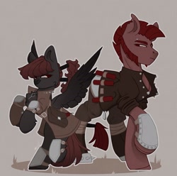 Size: 2560x2542 | Tagged: safe, artist:tttips!, imported from derpibooru, oc, oc only, earth pony, pegasus, pony, fallout equestria, armor, bag, bandage, beard, belt, buttons, dynamite, earth pony oc, explosives, eyebrow piercing, facial hair, father and child, father and daughter, female, male, mercenary, pegasus oc, piercing, red eyes, red hair, spiked wristband, spread wings, torn ear, wings, wristband