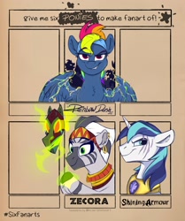 Size: 1715x2048 | Tagged: safe, artist:rutkotka, imported from derpibooru, rainbow dash, shining armor, zecora, pegasus, pony, unicorn, zebra, six fanarts, evil, evil rainbow dash