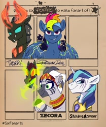 Size: 1715x2048 | Tagged: safe, artist:rutkotka, imported from derpibooru, rainbow dash, shining armor, thorax, zecora, changeling, pegasus, pony, unicorn, zebra, six fanarts, evil, evil grin, evil rainbow dash, grin, mask, smiling