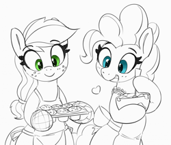 Size: 1280x1089 | Tagged: safe, artist:pabbley, imported from derpibooru, applejack, pinkie pie, earth pony, pony, 30 minute art challenge, apron, bakery, bipedal, bowl, clothes, cute, diapinkes, duo, female, food, heart, jackabetes, mare, muffin, simple background, smiling, white background