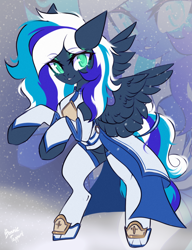 Size: 1792x2335 | Tagged: dead source, safe, artist:hydrargyrum, imported from derpibooru, oc, oc only, oc:flaming dune, pegasus, pony, clothes, cute, dress, female, full body, green eyes, looking at you, mare, multicolored mane, multicolored tail, pegasus oc, rearing, shoes, smiling, smiling at you, snow, snowfall, solo, spread wings, stockings, tail, thigh highs, wings