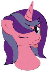 Size: 388x571 | Tagged: safe, artist:jitterbug-cafe, imported from derpibooru, oc, oc:melody (jitterbug-cafe), pony, unicorn, bust, female, mare, one eye closed, portrait, simple background, solo, tongue out, transparent background, tumblr:jitterbug cafe, wink