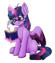 Size: 1688x1944 | Tagged: safe, artist:rokosmith26, imported from derpibooru, twilight sparkle, alicorn, pony, book, bookhorse, cute, cute little fangs, fangs, female, glasses, magic, mare, princess, quill, reading, simple background, solo, spread wings, tail, telekinesis, transparent background, twilight sparkle (alicorn), wings