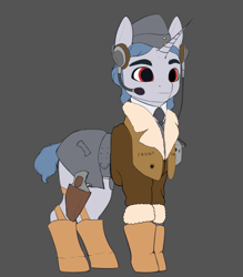 Size: 752x859 | Tagged: safe, artist:leotheunicorn, imported from derpibooru, oc, oc only, pony, unicorn, fallout equestria, bomber jacket, boots, cap, clothes, gray background, gun, hat, headset, holster, jacket, pilot, shoes, simple background, solo, weapon