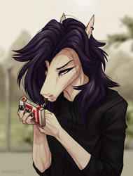 Size: 1280x1680 | Tagged: safe, artist:dementra369, imported from derpibooru, oc, oc only, oc:coffin, anthro, cigarette, clothes, ear piercing, hoers, male, piercing, smoking, solo
