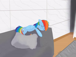 Size: 4000x3000 | Tagged: safe, artist:reinbou, imported from derpibooru, rainbow dash, pegasus, pony, backwards cutie mark, couch, pillow, sleeping, solo