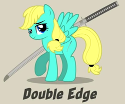 Size: 455x380 | Tagged: safe, imported from derpibooru, oc, oc only, oc:double edge, pegasus, pony, bedroom eyes, female, katana, mare, raised hoof, shadow, smiling, spread wings, sword, text, weapon, wings