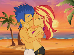 Size: 1280x952 | Tagged: safe, artist:thelifedragonslayer, imported from derpibooru, flash sentry, sunset shimmer, human, equestria girls, base used, beach, female, flashimmer, kiss on the lips, kissing, male, ocean, palm tree, romantic, shipping, stock image, straight, sunset, tree, water, watermark