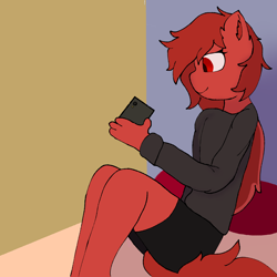 Size: 2000x2000 | Tagged: safe, artist:scarlet3yes, imported from derpibooru, oc, oc:scarlet night, anthro, bat pony, bed, cellphone, clothes, folded wings, phone, sitting, smartphone, solo, wings