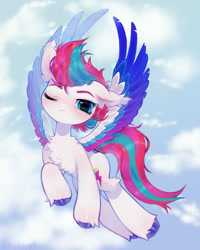 Size: 1280x1598 | Tagged: safe, artist:astralblues, imported from derpibooru, zipp storm, pegasus, pony, :<, adorazipp, blushing, cloud, cute, female, flying, g5, mare, one eye closed, sky, sky background, solo, spread wings, unshorn fetlocks, wings