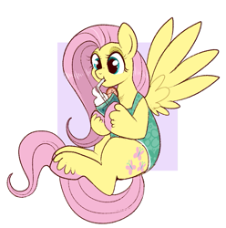 Size: 763x768 | Tagged: safe, artist:lulubell, imported from derpibooru, fluttershy, pegasus, pony, clothes, colored hooves, cute, drink, drinking, drinking straw, female, glass, hoof hold, mare, one-piece swimsuit, raised hoof, shyabetes, solo, spread wings, swimsuit, unshorn fetlocks, wings