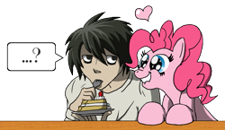Size: 1507x875 | Tagged: safe, artist:blood-asp0123, imported from derpibooru, pinkie pie, earth pony, human, pony, anime, cake, crossover, death note, duo, female, food, l, male, simple background, transparent background