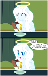Size: 2543x4018 | Tagged: safe, artist:badumsquish, derpibooru exclusive, imported from derpibooru, oc, oc only, oc:zophiel, angel pony, original species, 2 panel comic, angel, bangles, bracelet, cake, chocolate, chocolate cake, clueless, comic, curtains, devil's food cake, dialogue, eating, female, floating wings, folded wings, food, glowing, gold, halo, happy, high res, hoof hold, house, jewelry, long eyelashes, long mane, mare, offscreen character, open mouth, open smile, plate, pure unfiltered evil, show accurate, sitting, smiling, solo, table, talking to viewer, this will end in banishment, this will end in tears, this will not end well, wings