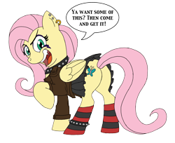 Size: 2056x1679 | Tagged: safe, artist:blood-asp0123, imported from derpibooru, fluttershy, pegasus, pony, butt, choker, clothes, ear piercing, earring, female, flutterbitch, flutterbutt, jewelry, looking at you, open mouth, piercing, plot, raised hoof, simple background, socks, solo, speech bubble, spiked choker, transparent background