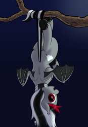 Size: 3000x4303 | Tagged: safe, artist:registereduser, imported from derpibooru, oc, oc only, oc:colorless, bat pony, pony, bat pony oc, bat wings, fangs, female, gradient background, high res, looking at you, looking back, looking back at you, mare, open mouth, open smile, rear view, smiling, smiling at you, solo, spread wings, tree branch, upside down, wings