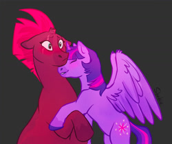 Size: 1200x1010 | Tagged: safe, artist:shadsie, imported from derpibooru, tempest shadow, twilight sparkle, alicorn, pony, unicorn, blushing, broken horn, dark background, duo, eyes closed, female, horn, hug, lesbian, raised hoof, scar, shipping, smiling, spread wings, tempestlight, twilight sparkle (alicorn), wings