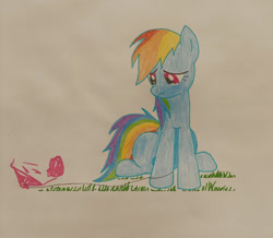 Size: 1280x1117 | Tagged: safe, imported from derpibooru, rainbow dash, balloon, balloon popping, crying, grass, popping, sad, simple background, sitting, traditional art, tragedy