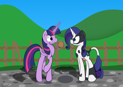 Size: 4000x2833 | Tagged: safe, artist:holomouse, imported from derpibooru, rarity, twilight sparkle, alicorn, cow, cow pony, pony, unicorn, awkward, burger, cowified, crotchboobs, duo, eating, female, fence, food, glowing, glowing horn, hamburger, horn, levitation, magic, meat, nudity, ponies eating meat, raricow, species swap, teats, telekinesis, twilight burgkle, twilight sparkle (alicorn), udder