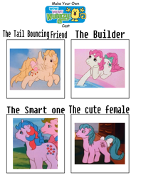 Size: 1024x1296 | Tagged: safe, artist:tonypony65, edit, imported from derpibooru, baby half note, baby lofty, buttons (g1), truly, earth pony, gerbil, pegasus, pony, unicorn, my little pony 'n friends, baby, baby pony, cast, cast meme, crossover, daizy, female, filly, foal, g1, logo, mare, meme, walden, widget, wow! wow! wubbzy!, wubbzy